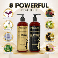 Shiny Leaf DHT Pro Shampoo foam pump displays rich lather for refreshed hair.