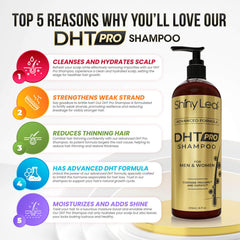 Shiny Leaf DHT Pro Shampoo packaging highlights clean, paraben- and sulfate-free care.