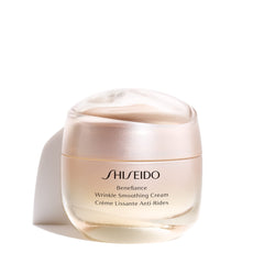 Shiseido Benefiance Wrinkle Smoothing Cream 50ml jar shows rich texture for deep hydration.