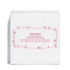 Shiseido facial cotton pads packaging close-up for premium softness during makeup removal.