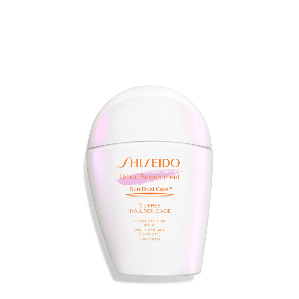 Shiseido Urban Environment sunscreen bottle on vanity offering daily protection and hydration.