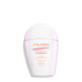 Shiseido Urban Environment sunscreen bottle on vanity offering daily protection and hydration.