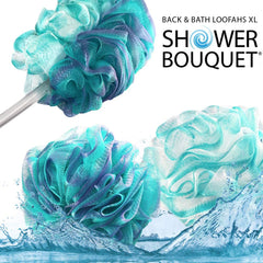 Shower Bouquet extra-large 75g pouf provides luxurious suds with body wash.