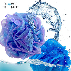 Shower Bouquet hang-dry ribbon-handle loofah offers easy storage after washing.