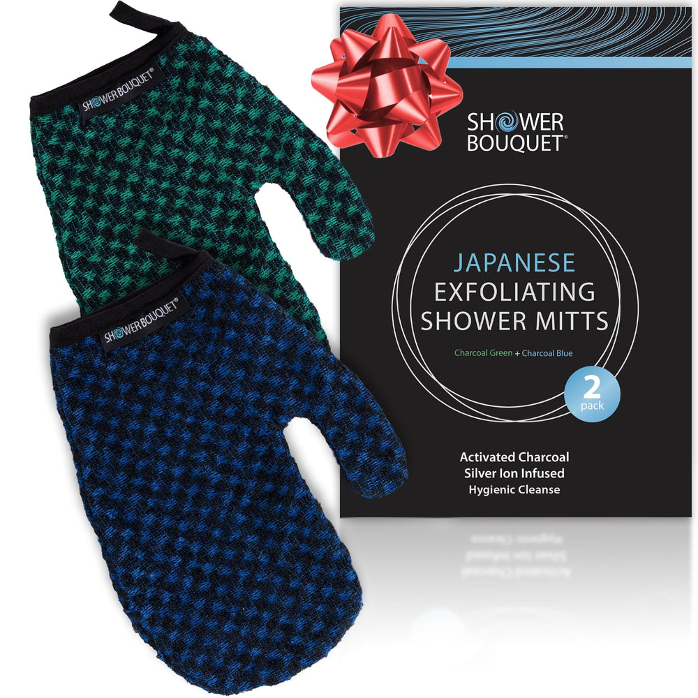 Shower Bouquet Japanese Exfoliating Mitt charcoal blue for deep cleansing and radiant skin.