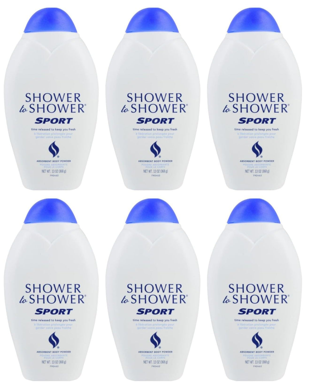 Shower To Shower absorbent body powder sport packaging highlights long-lasting freshness.