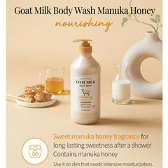 SHOWERMATE Goat Milk Body Wash bottle pour emphasizes easy, controlled usage for consistent lathers.