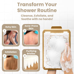 ShowerTree adhesive-mount back scrubber for secure, water-resistant attachment.