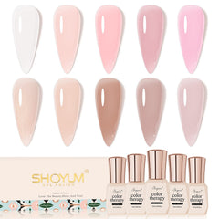 SHOYUM Jelly Nude gel polish collection closeup, translucent nude shades for subtle, salon-like nails.