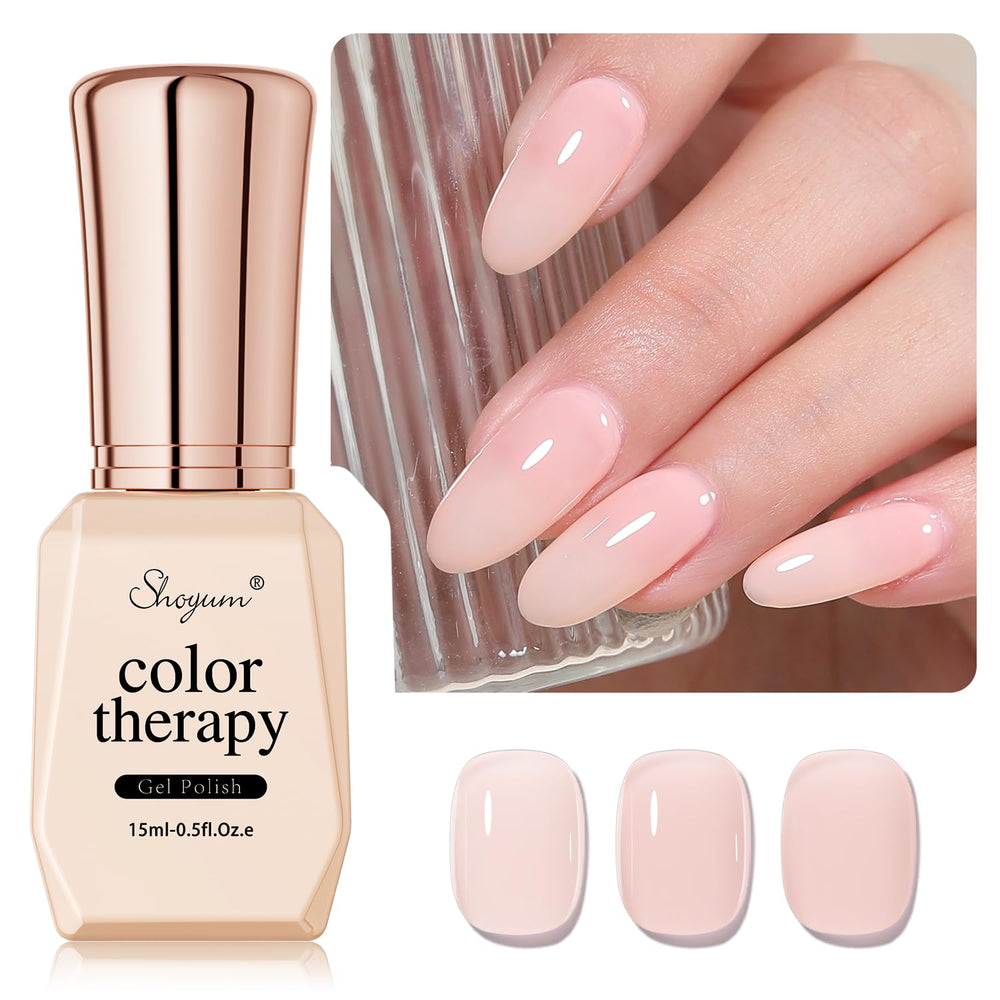 SHOYUM Nude Pink Gel Polish bottle close-up shows translucent jelly pink shade.