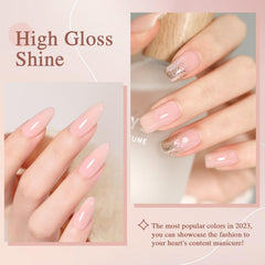 SHOYUM nude pink gel swatch on nail demonstrates buildable color.