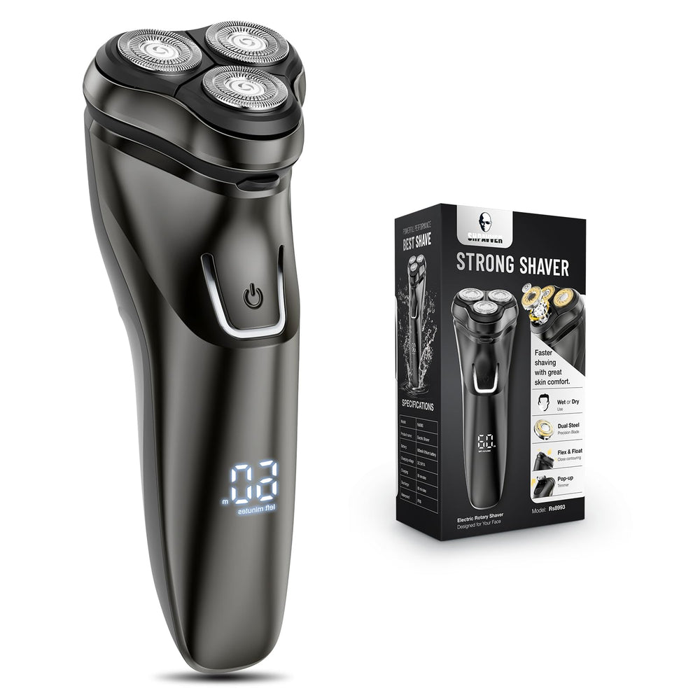 SHPAVVER Electric Razor Pro Black close-up highlighting 4D blades for sensitive skin
