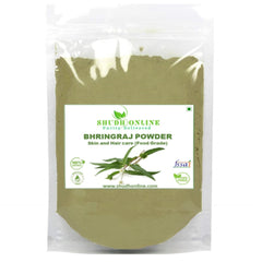 Shudh Online bhringraj powder packaging shows organic vegan hair care.