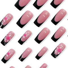 SHUXILIN hibiscus nails black French tip close-up shows chic salon-style design