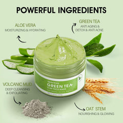 SHVYOG Green Tea Face Mask jar close-up shows smooth texture for easy application.
