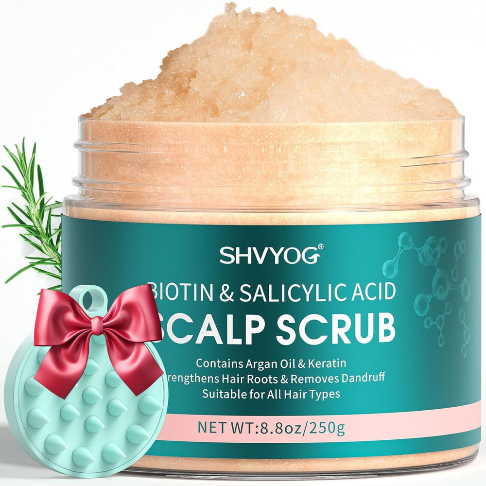 SHVYOG scalp scrub biotin three-percent salicylic acid pump close-up shows clarifying cleanse