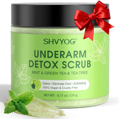SHVYOG Underarm Detox Scrub packaging shown for easy everyday detox routine.