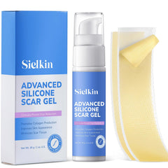 Sielkin scar gel bottle closeup showing medical-grade formula for scar care support.