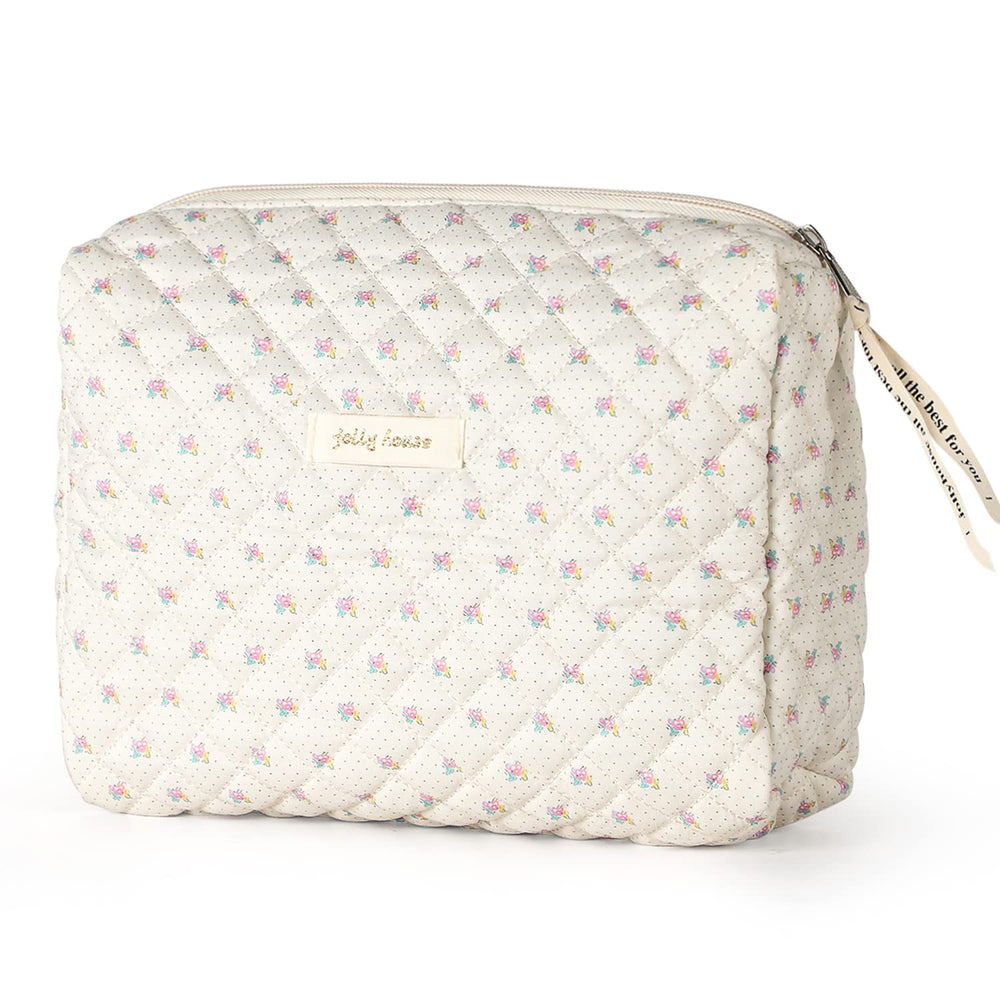 Sightor cotton makeup bag beige front view with quilted finish for everyday storage