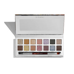 Close-up of Sigma Beauty Cool Neutrals swatches with matte, glitter, and metallic finishes