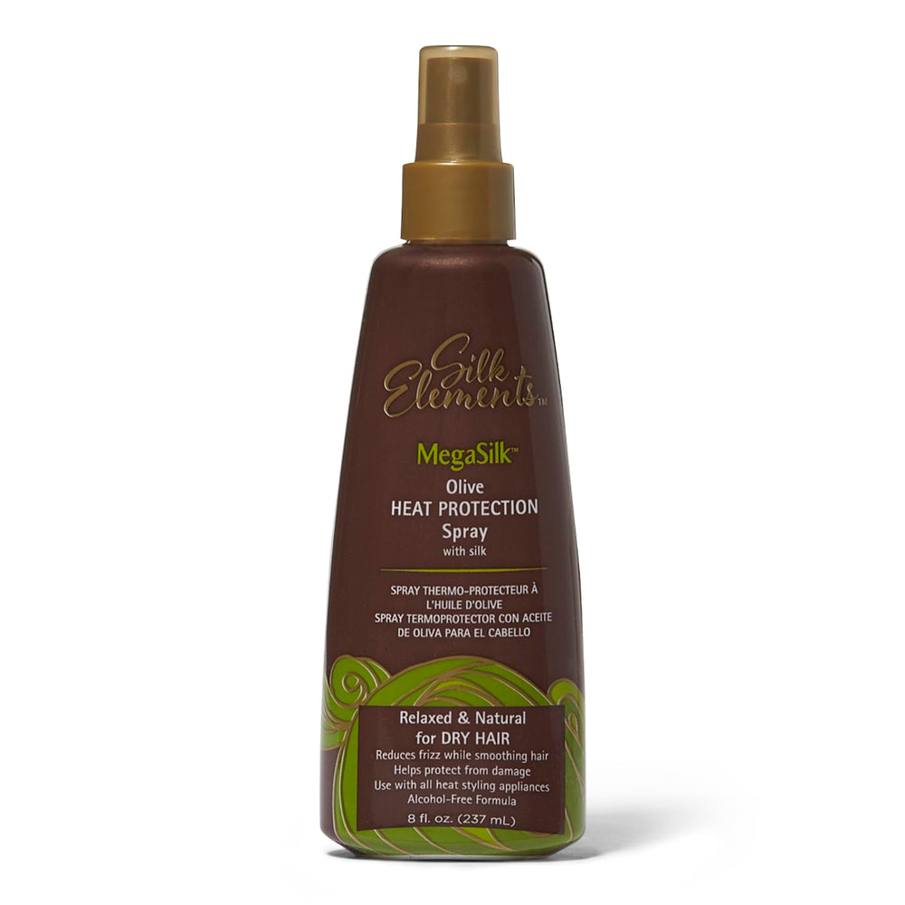 Silk Elements Megasilk Olive Heat Protection Spray bottle showing frizz control and smoothing benefits
