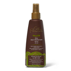 Silk Elements Megasilk Olive Heat Protection Spray bottle showing frizz control and smoothing benefits