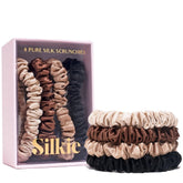 Silkie x4 set chocolate scrunchies close-up showing silky glide for gentle styling.