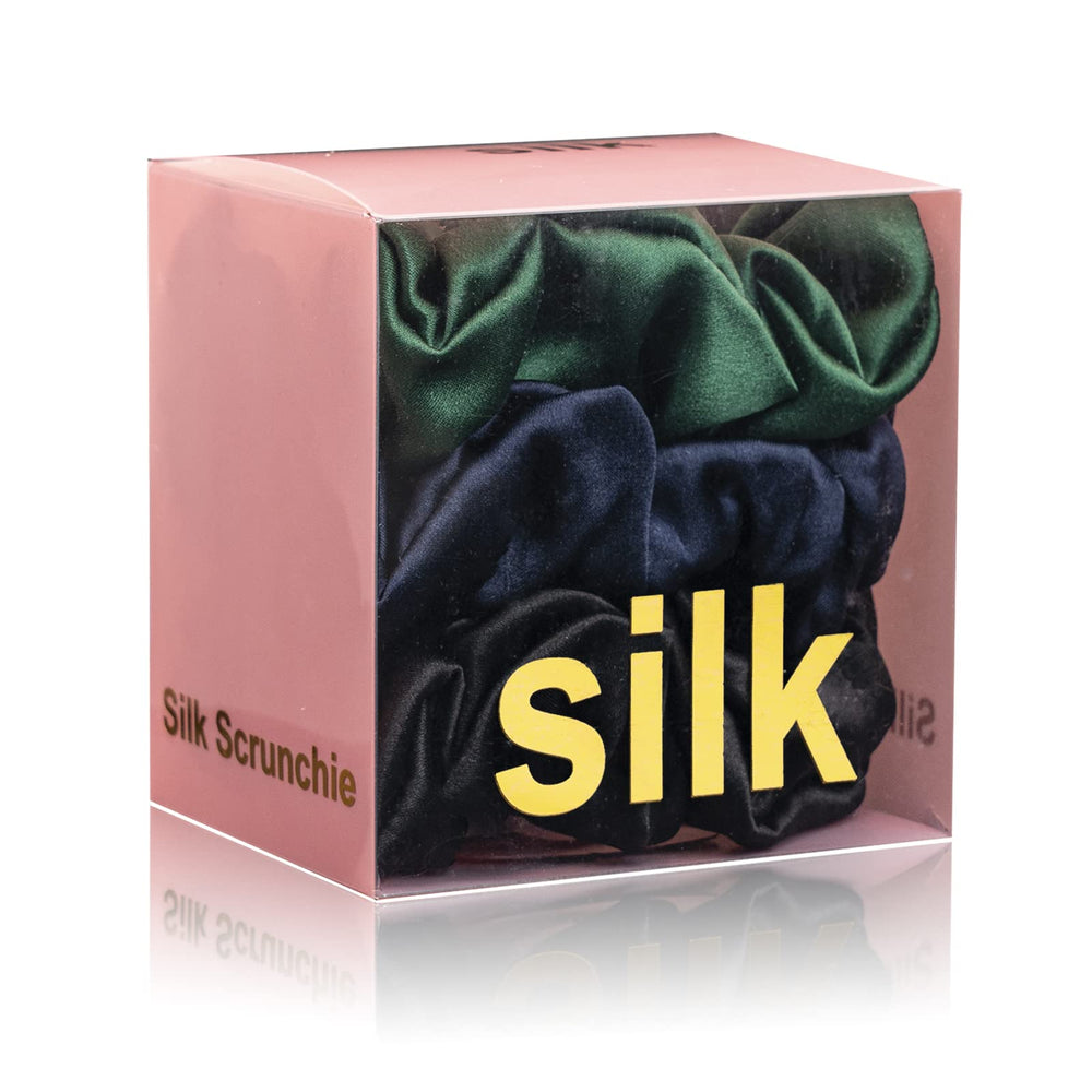 Silmer Silk Scrunchies 3-pack front view in black, navy, emerald for versatile styling.