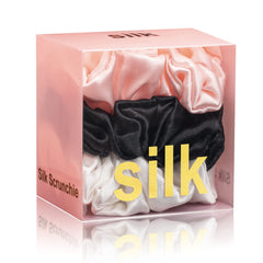 Silmer Silk Scrunchies Pack in black, white, pink for gentle holds and versatile styling.