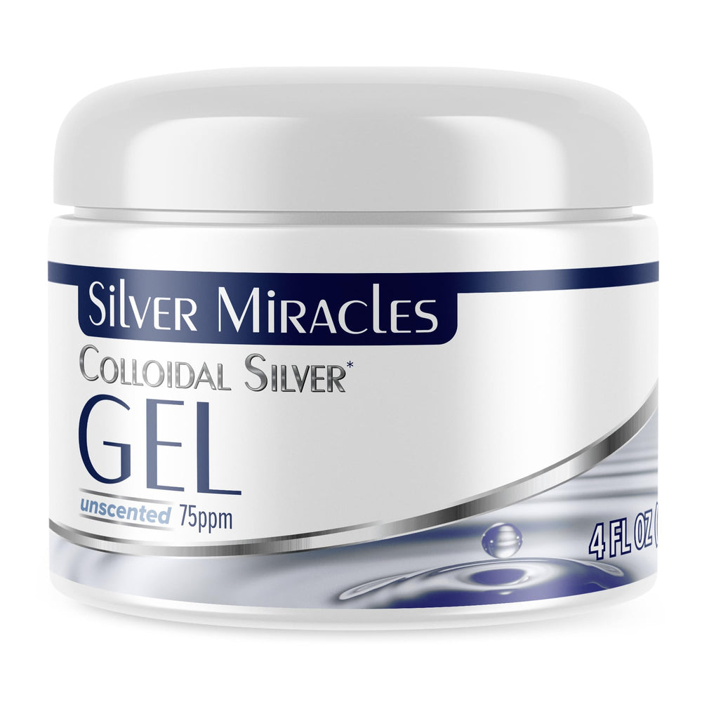 Silver Miracles colloidal silver gel bottle close-up for soothing irritated skin.