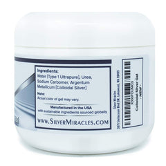 Silver Miracles colloidal-silver-gel texture close-up showing clean, paraben-free formula.