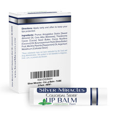 Silver Miracles colloidal silver lip balm tube pack back reveals alcohol-free formula for clean lip care.