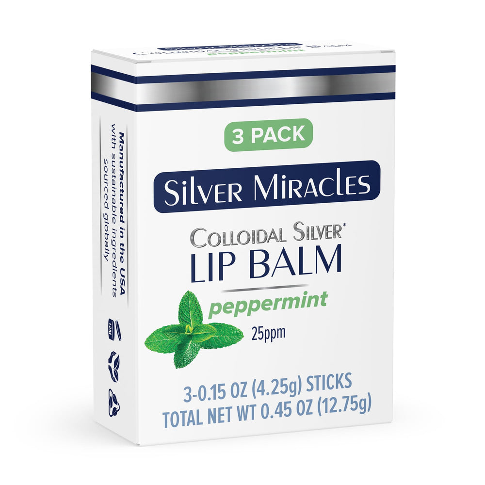 Silver Miracles colloidal silver lip balm tube pack front shows compact, everyday hydration for dry lips.