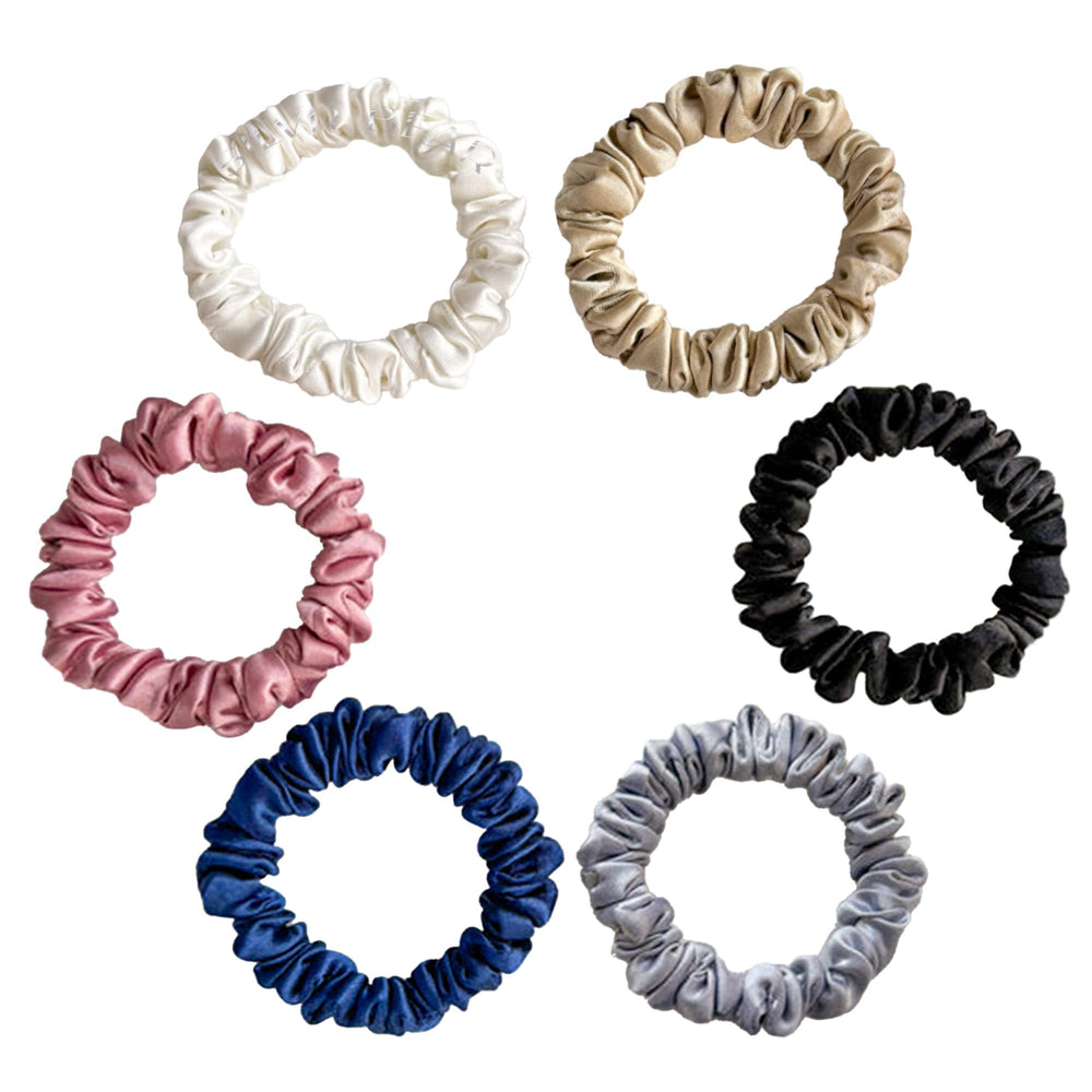 Silvr Bear satin scrunchies pack of 6 colors, versatile hair ties for daily outfits.