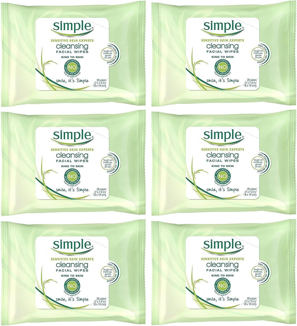 Simple Cleansing Facial Wipes 6-pack front promotes quick, gentle cleansing for sensitive skin.