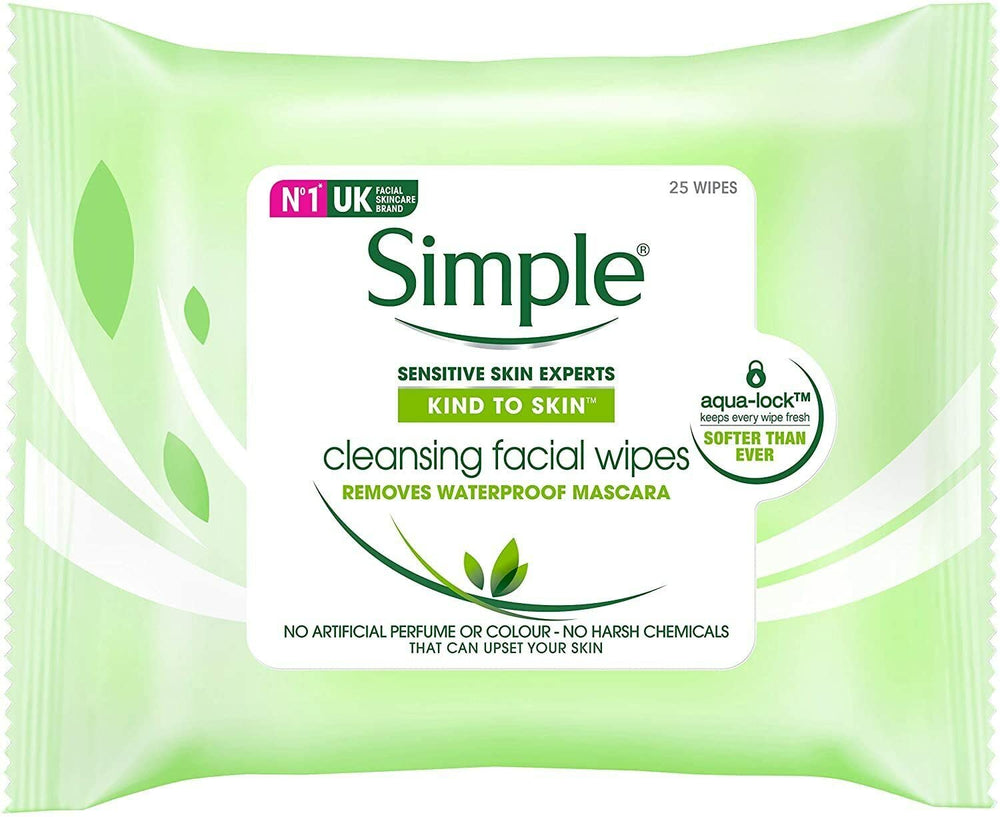 Simple Kind to Skin cleansing wipes, 25-count pack of 6, for gentle makeup removal and refreshing skin
