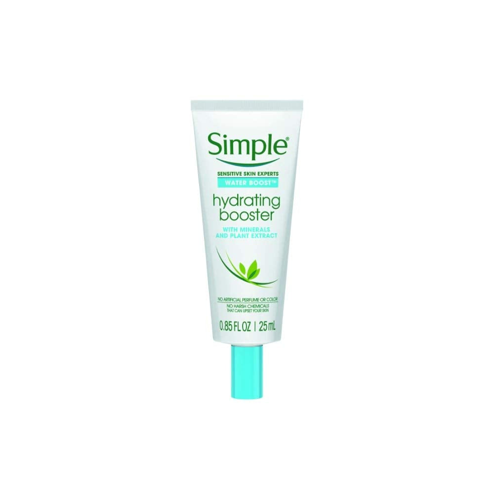 Simple Water Boost Hydrating Booster bottle pack-2 shown for daily hydration on dry skin.