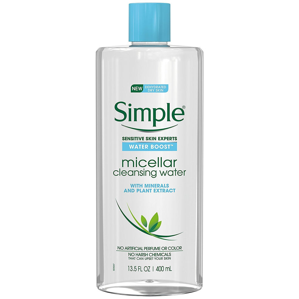 Simple Water Boost Micellar Cleansing Water bottle highlights hydrating formula for sensitive skin.