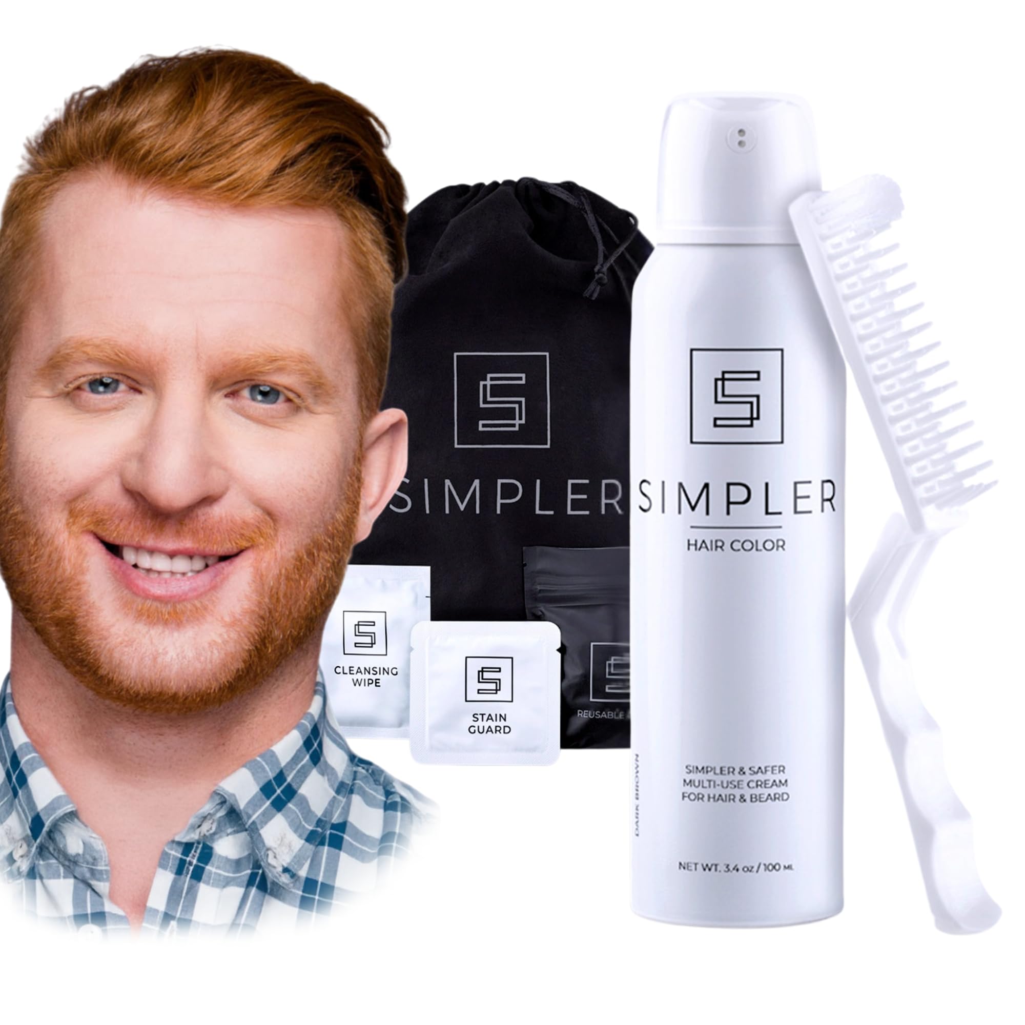 SIMPLER HAIR COLOR Ginger Men Kit Box demonstrates complete gray coverage for hair and beard