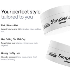 Simpletics Hair Clay Bentonite clay closeup conveys structure and natural-looking lift.