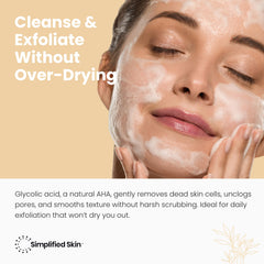 Simplified Skin glycolic face wash label closeup emphasizes 10% glycolic exfoliation and clean ingredients.