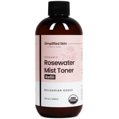 Simplified Skin rosewater spray face bottle delivers refreshing facial hydration and calm skin.