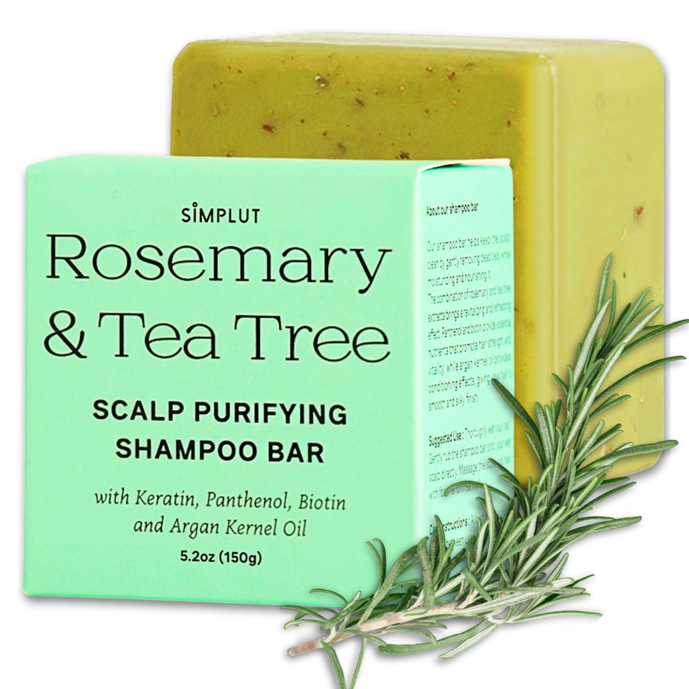 SIMPLUT rosemary-tea-tree shampoo bar on bottle showing clarifying scalp care