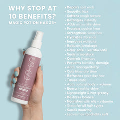 SIMPLY SMOOTH Magic Potion heat protection spray shields strands during styling.