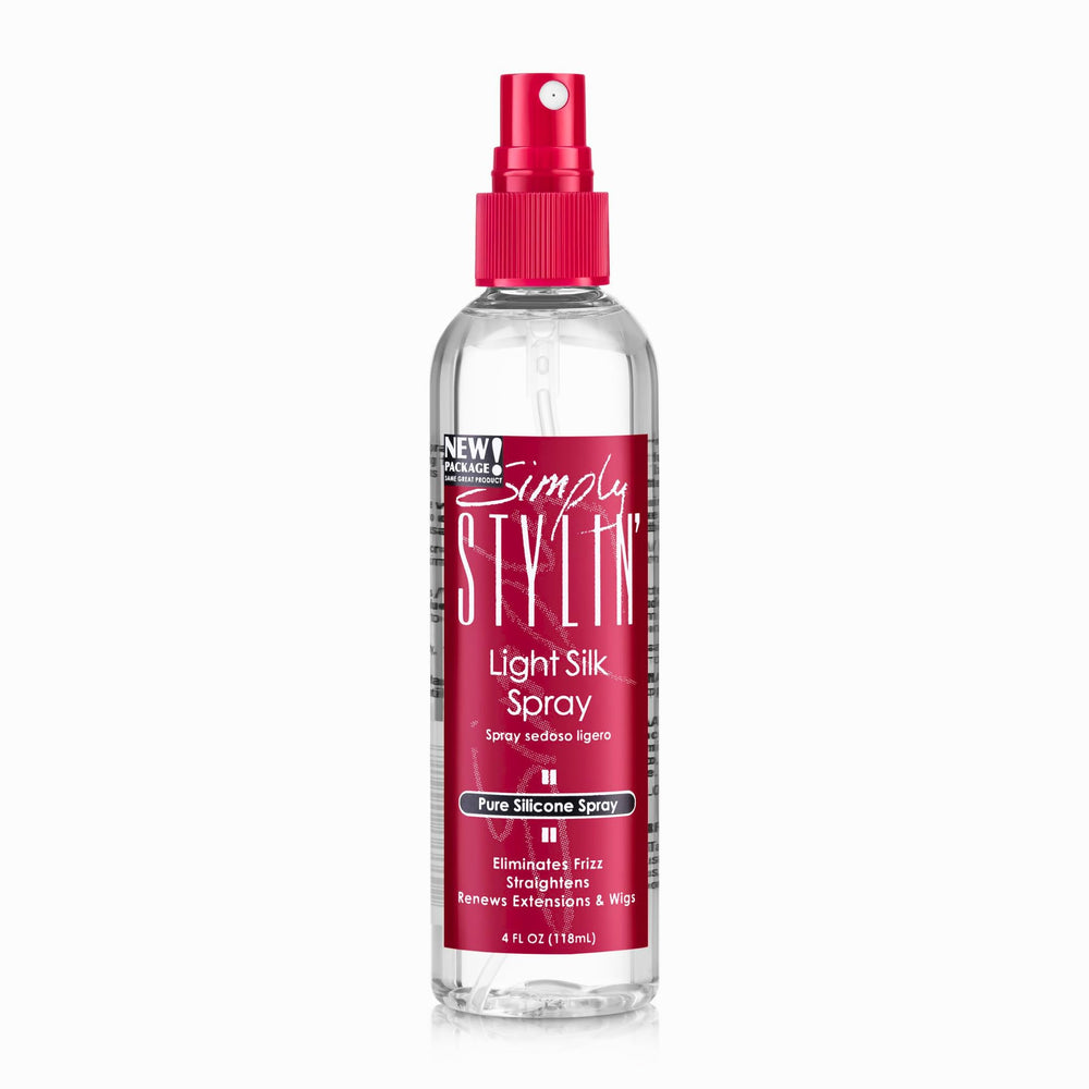 Simply Stylin' Light Silk Hair Spray bottle demonstrates heat protection for sleek styling.