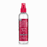 Simply Stylin' Light Silk Hair Spray bottle demonstrates heat protection for sleek styling.
