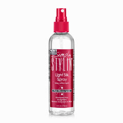Simply Stylin' Light Silk Hair Spray bottle demonstrates heat protection for sleek styling.