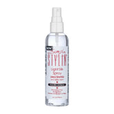 Simply Stylin' Light Silk Spray Unscented bottle shows even dispersion and heat protection for styled hair.