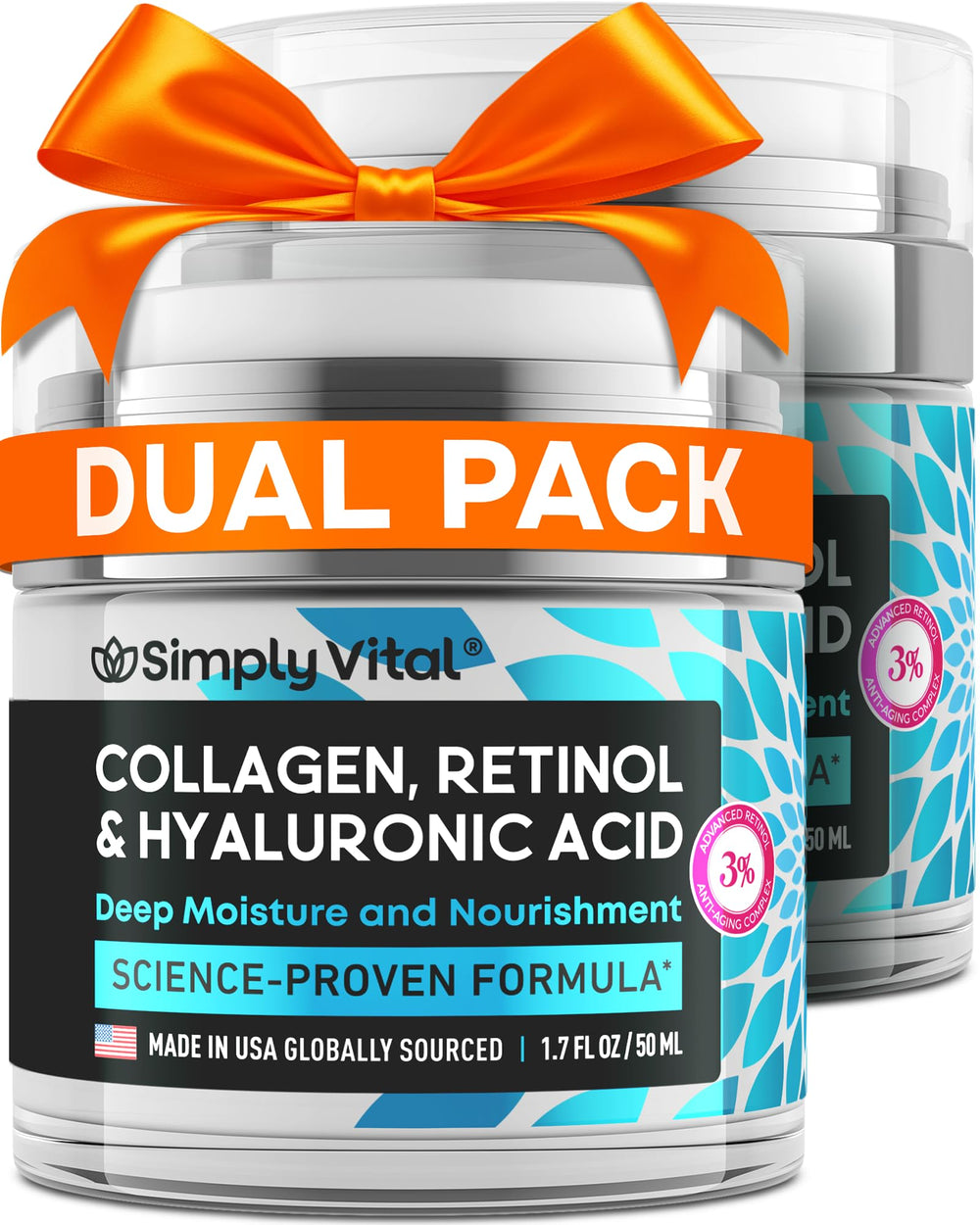 SimplyVital anti-aging cream bottle promoting daily facial care and hydration.