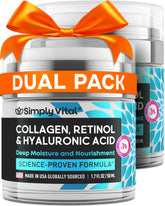 SimplyVital anti-aging cream bottle promoting daily facial care and hydration.
